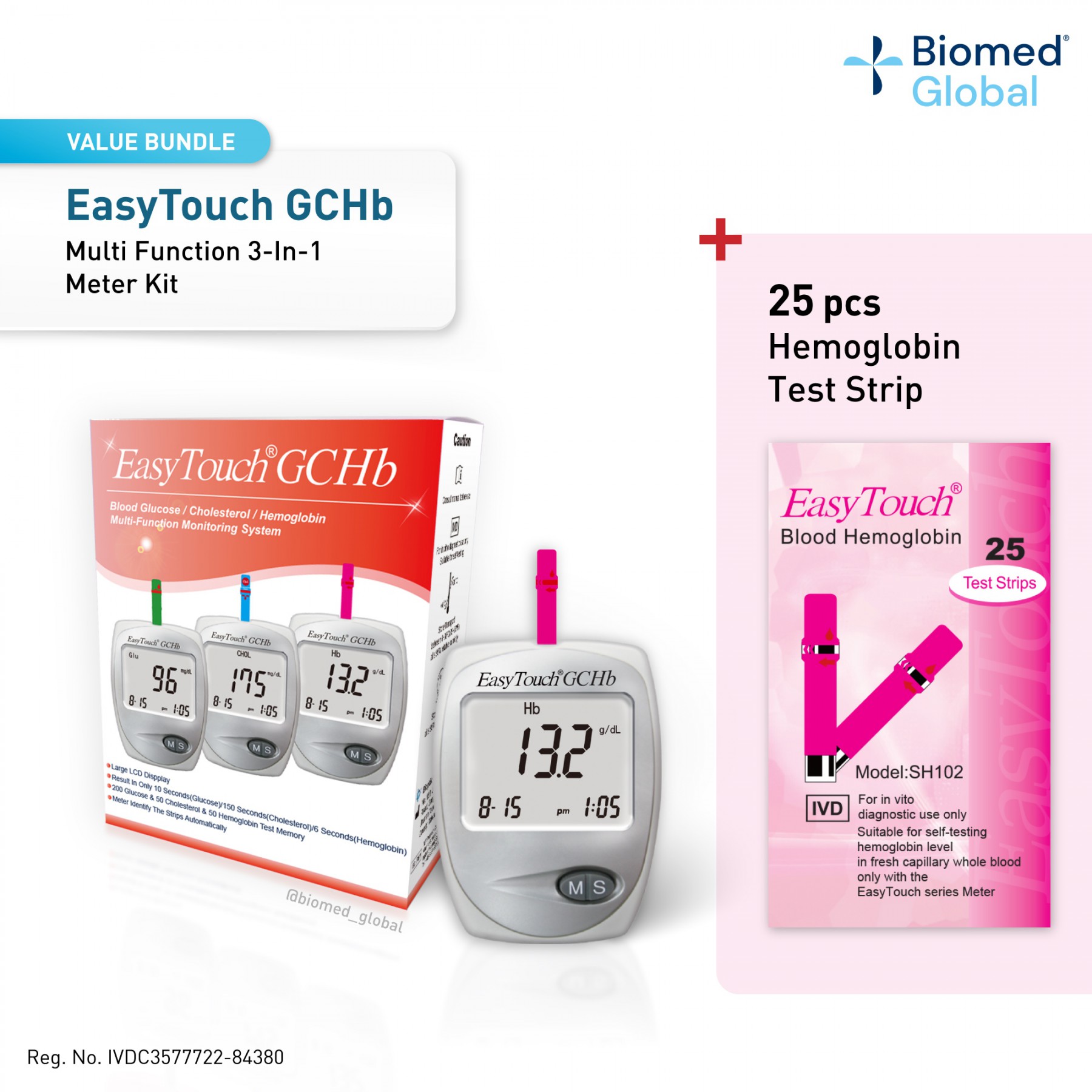 EasyTouch GCHb 3-in-1 Blood Glucose, Cholesterol and Hemoglobin Meter , FREE with 25 Hemoglobin Test Strips (BUNDLE PACK)