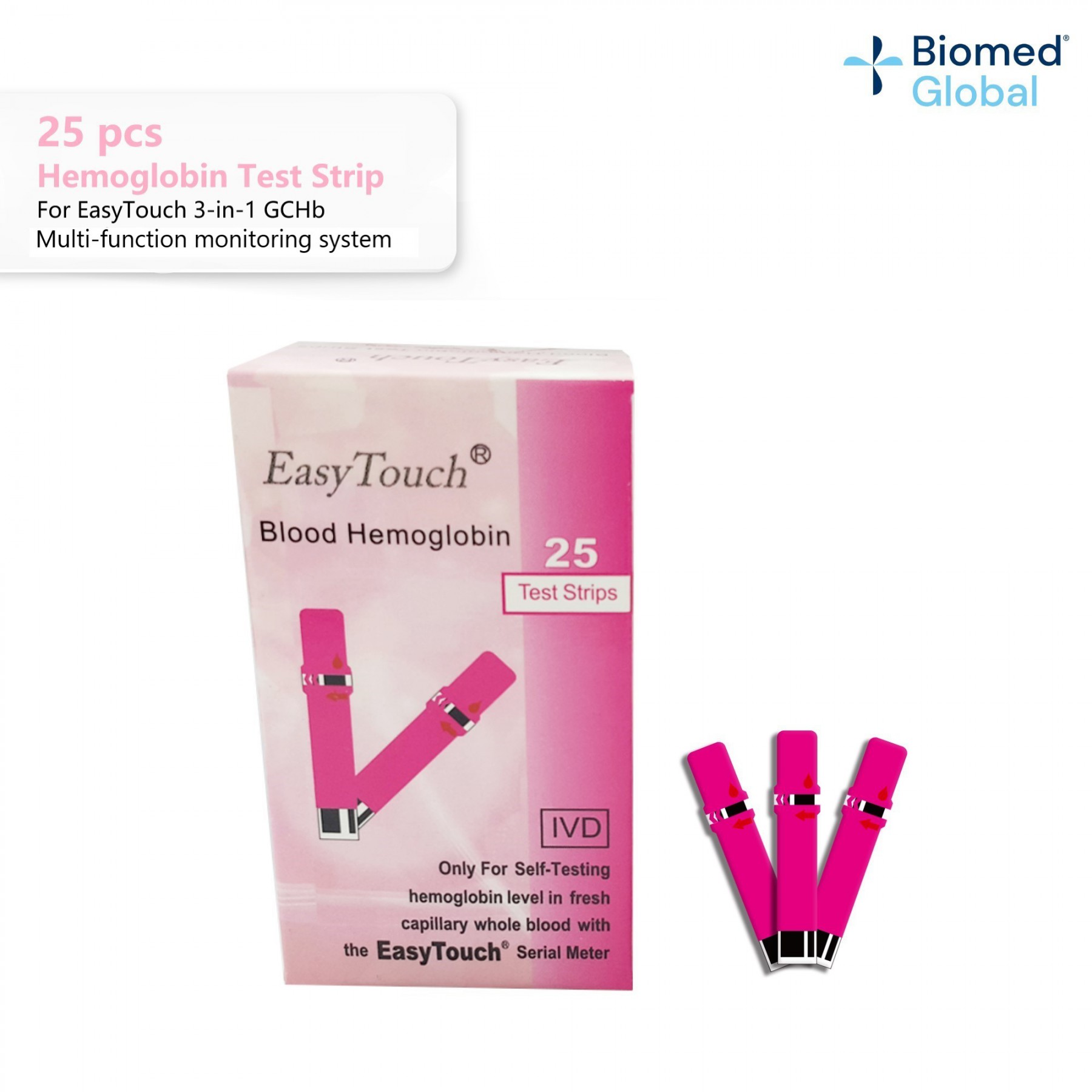 EasyTouch GCHb Hemoglobin Test Strip, 25 Strips/Box, FREE with 25 pieces Blood Lancet (BUNDLE PACK)
