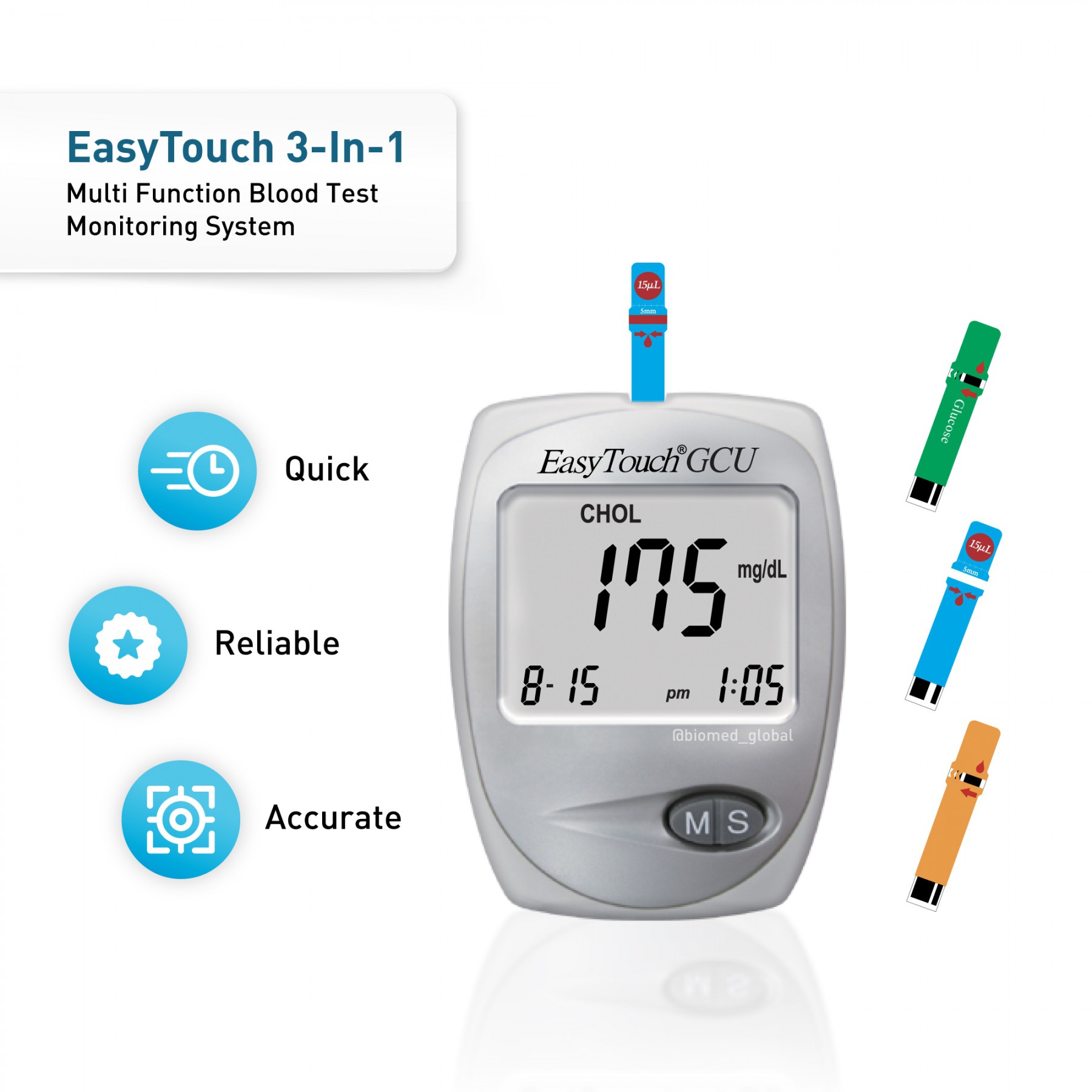 EasyTouch GCU 3-in-1 Blood Glucose, Cholesterol and Uric Acid Meter , BUNDLE with 10's Cholesterol, 25's Uric Acid, 50's Blood Glucose Test Strip