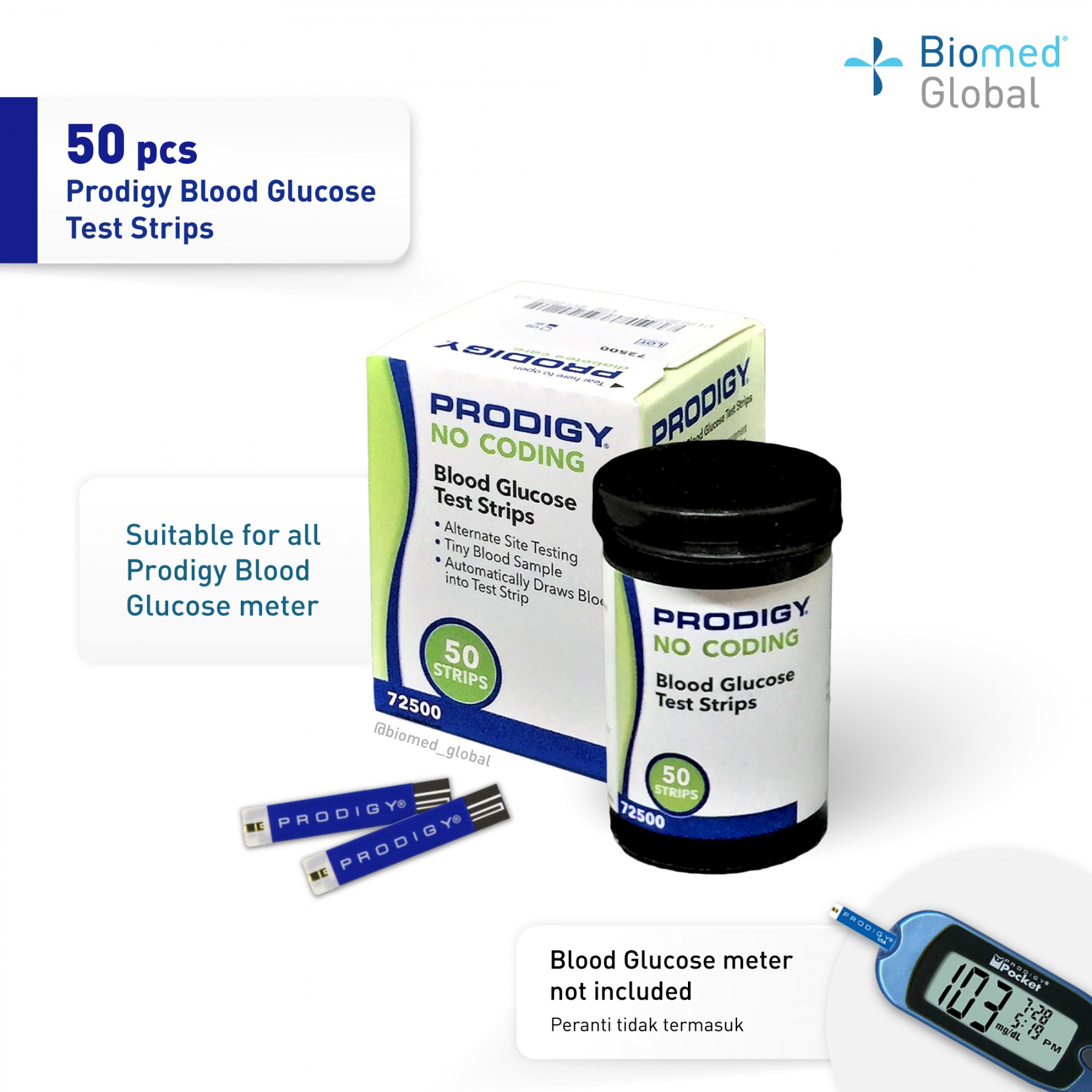 Prodigy Blood Glucose Test Strips, 50 Strips/Box, FREE with 50 Pieces Blood Lancet & 100 Pieces Alcohol Swab (BUNDLE PACK)