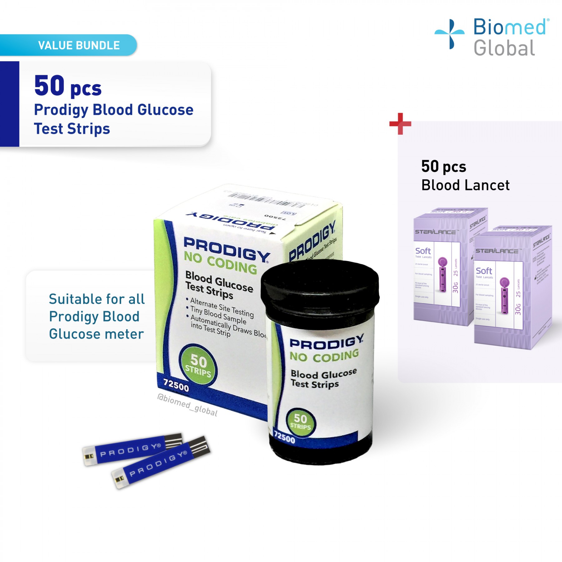 Prodigy Blood Glucose Test Strips, 50 Strips/Box, FREE with 50 pieces blood lancet (BUNDLE PACK)