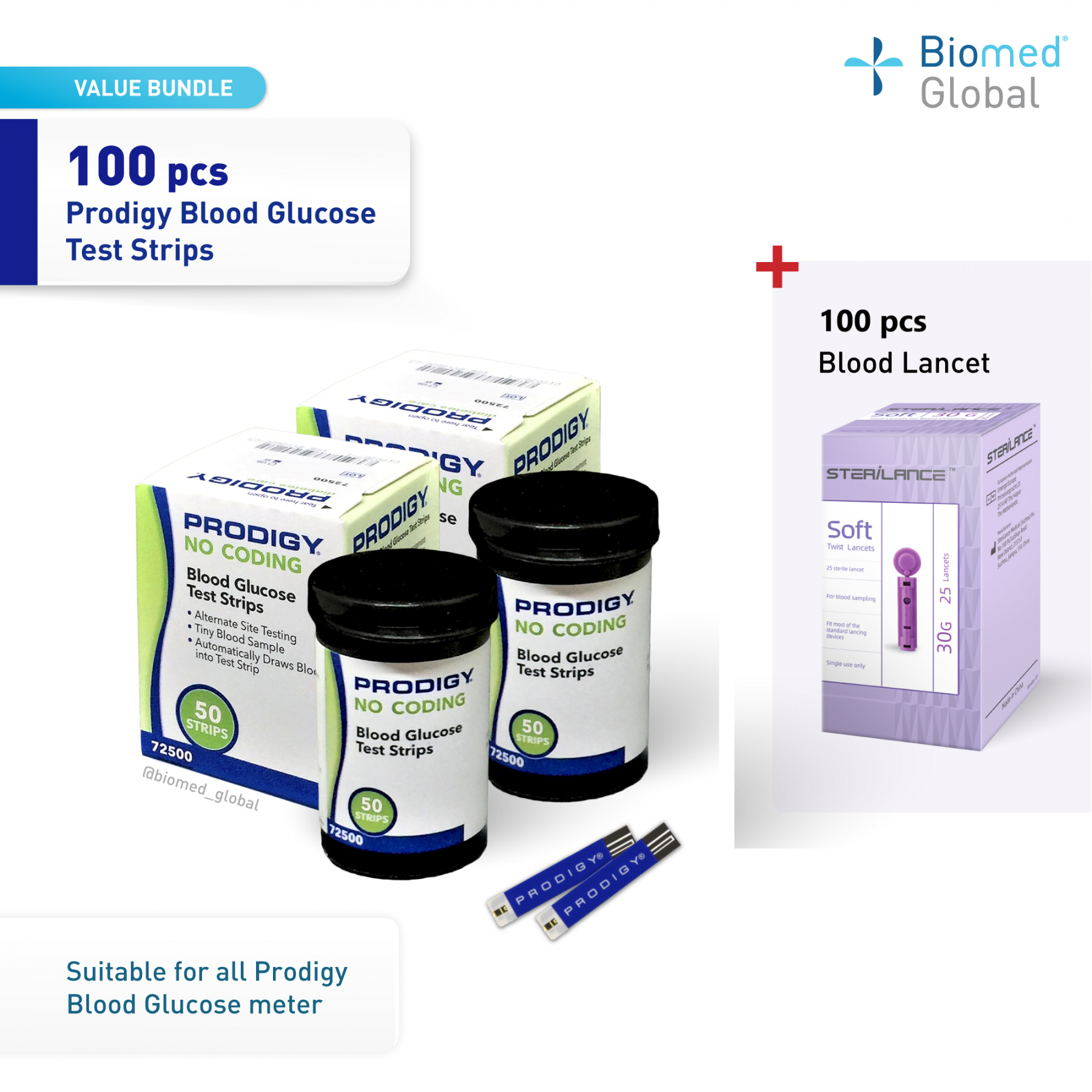 PRODIGY Blood Glucose Test Strips, 2x 50 Strips/Box - FREE 100’s Blood Lancet (BUNDLE PROMOTION VALUE PACK)