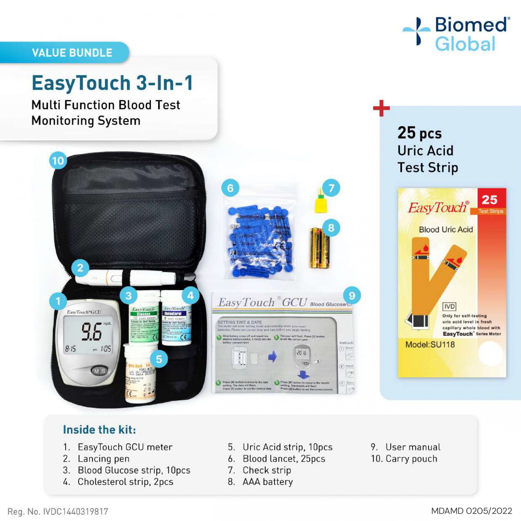 EasyTouch GCU 3-in-1 Blood Glucose, Cholesterol and Uric Acid Meter, FREE with 25 Uric Acid Test Strips (BUNDLE PACK)