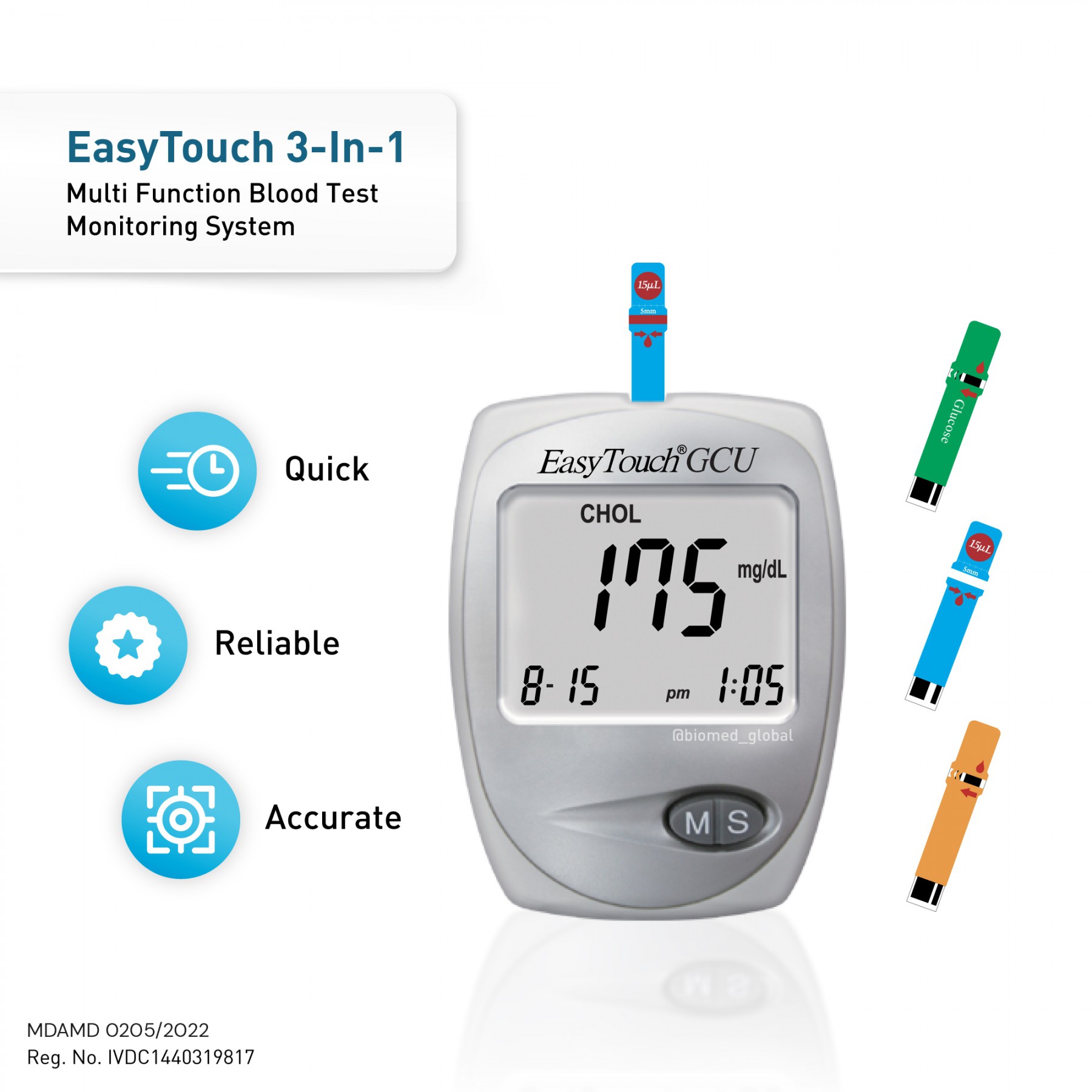 EasyTouch GCU 3-in-1 Blood Glucose, Cholesterol and Uric Acid Meter, FREE with 25 Cholesterol Test Strips (BUNDLE PACK)