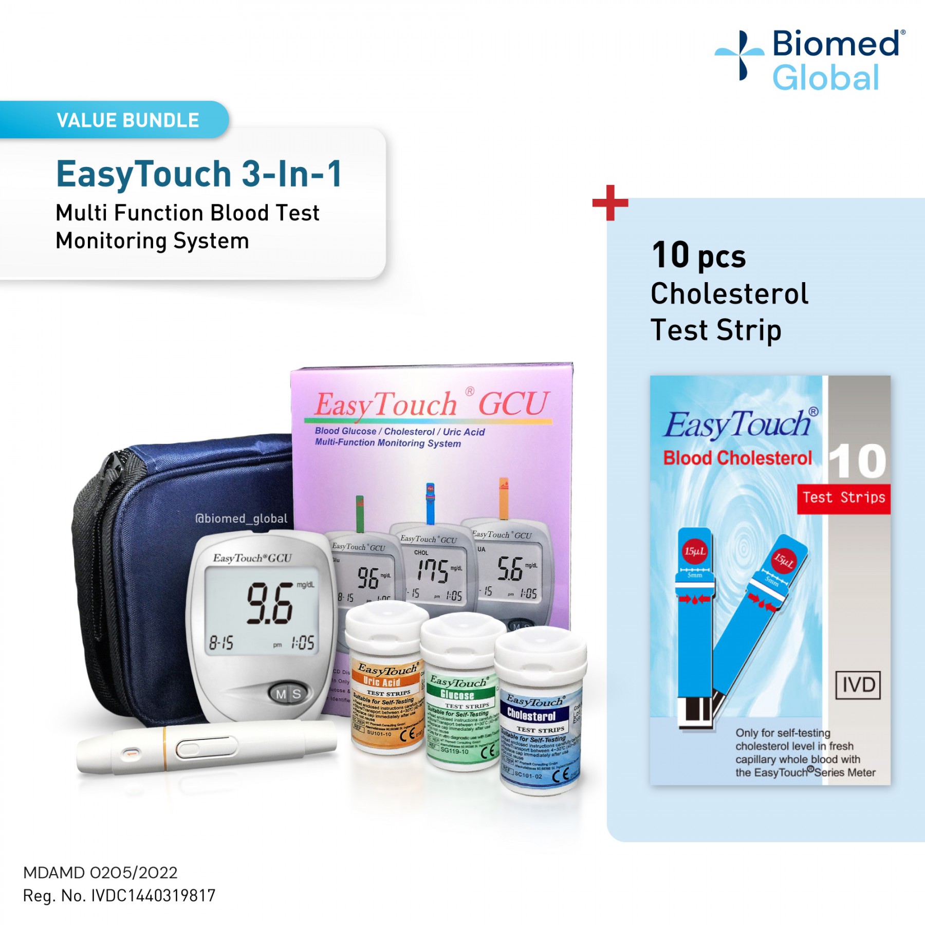 EasyTouch GCU 3-in-1 Blood Glucose, Cholesterol and Uric Acid Meter, FREE with 10 Cholesterol Test Strips (BUNDLE PACK)