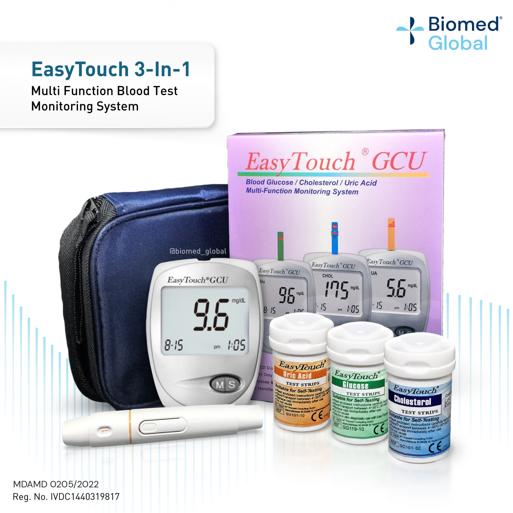 EasyTouch GCU 3-in-1 Blood Glucose, Cholesterol and Uric Acid Meter Complete Kit