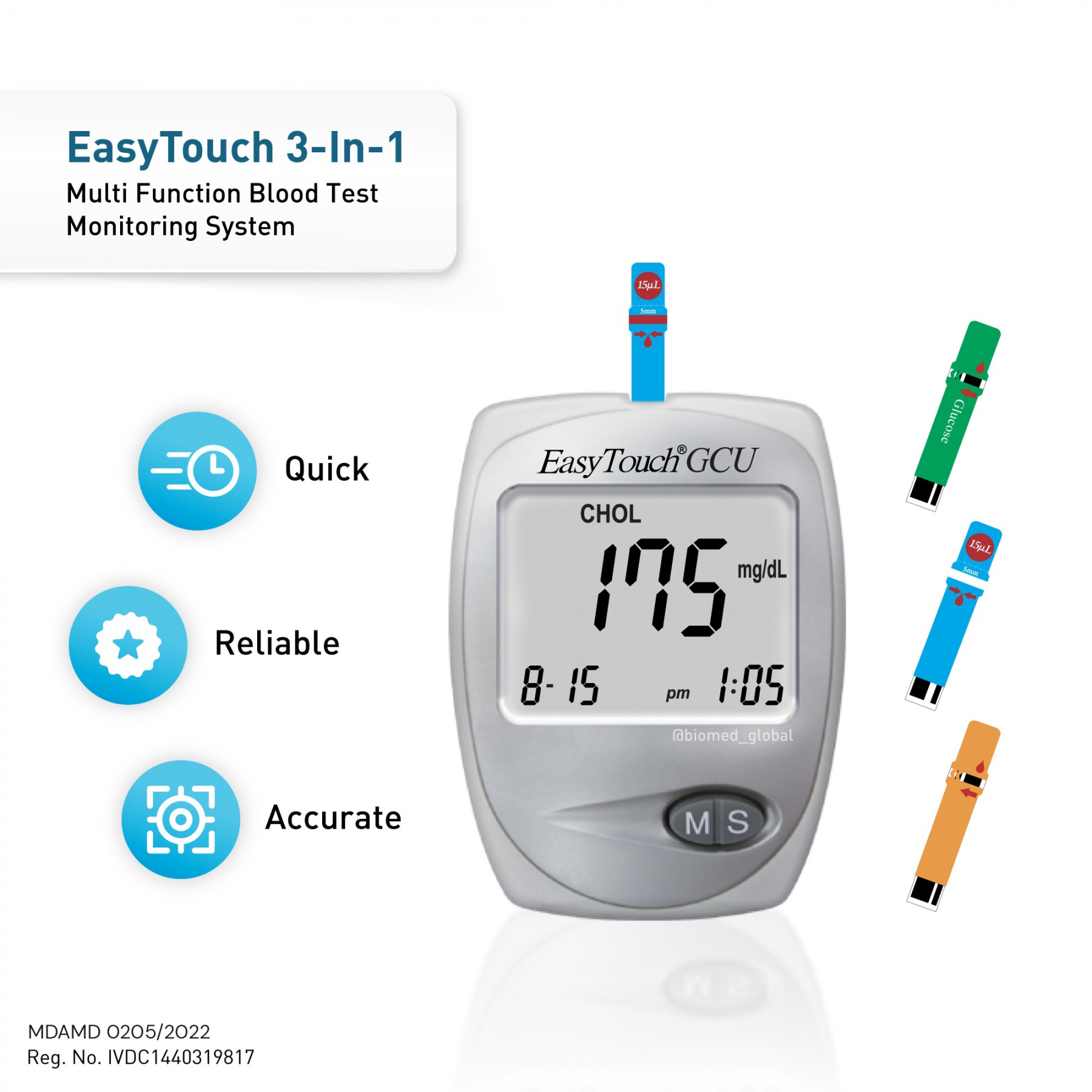 EasyTouch GCU 3-in-1 Blood Glucose, Cholesterol and Uric Acid Meter Complete Kit