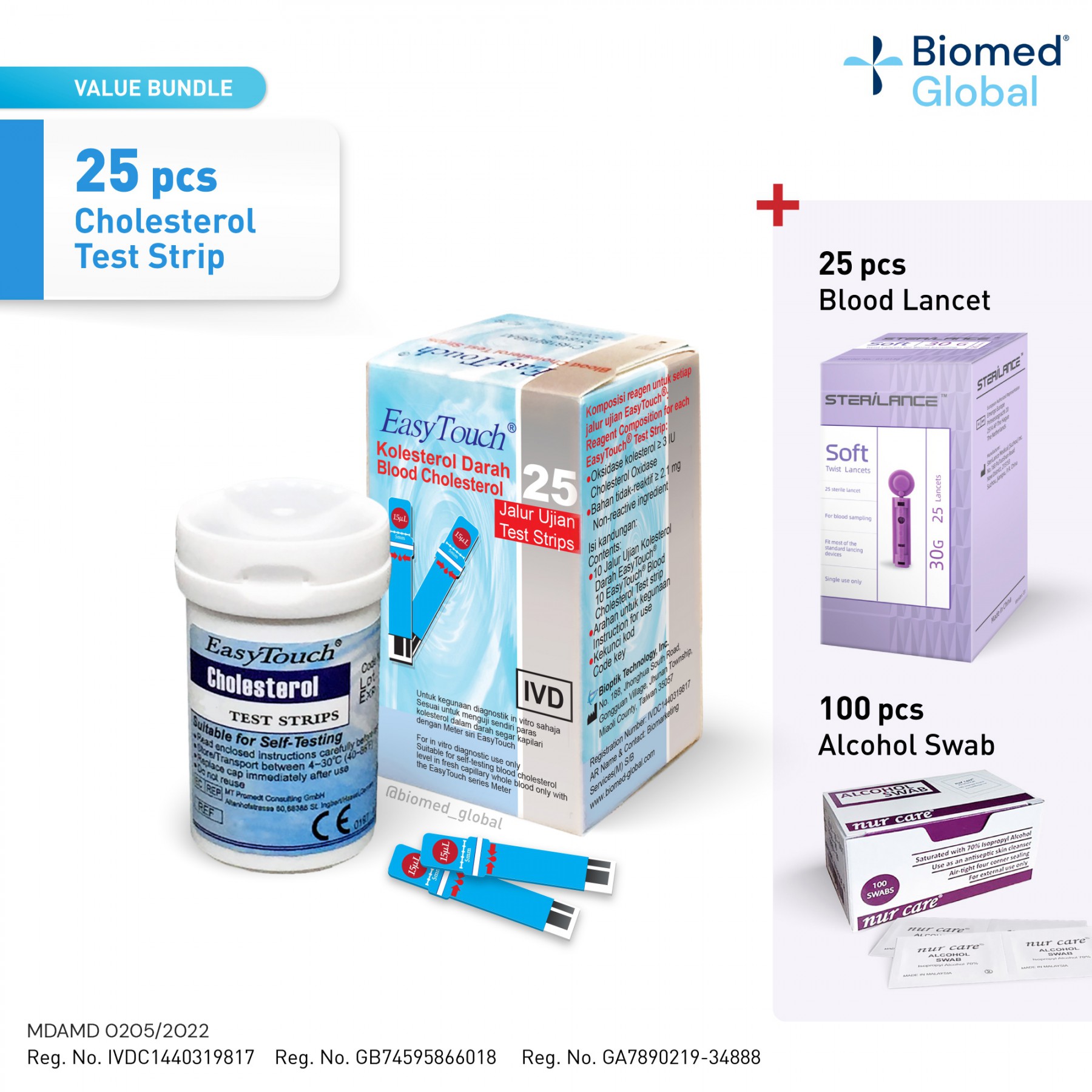EasyTouch GCU Cholesterol Test Strip, 25 Strips/Box, FREE with 25's Blood Lancet & 100's Alcohol Swab (BUNDLE PACK)