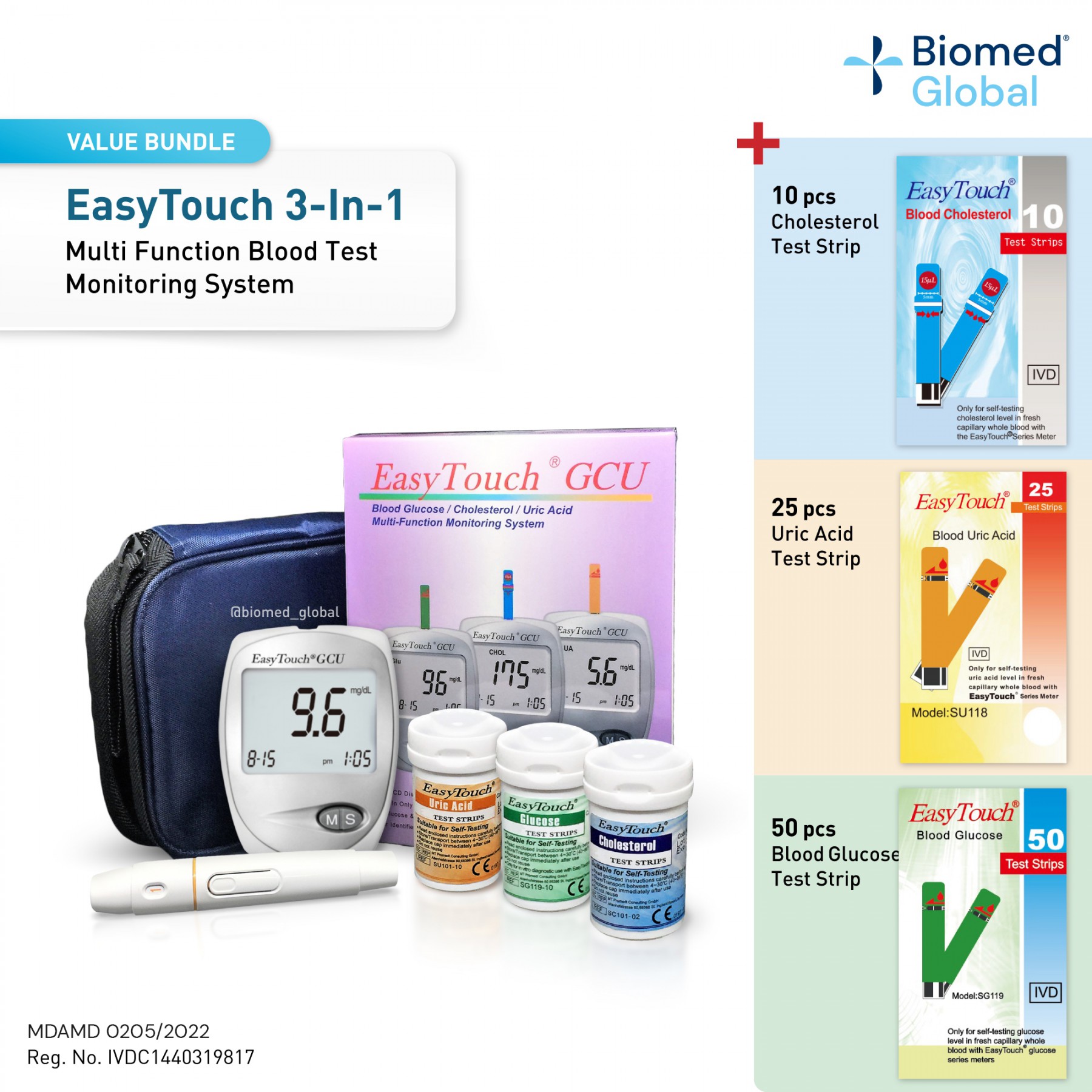 EasyTouch GCU 3-in-1 Blood Glucose, Cholesterol and Uric Acid Meter , BUNDLE with 10's Cholesterol, 25's Uric Acid, 50's Blood Glucose Test Strip