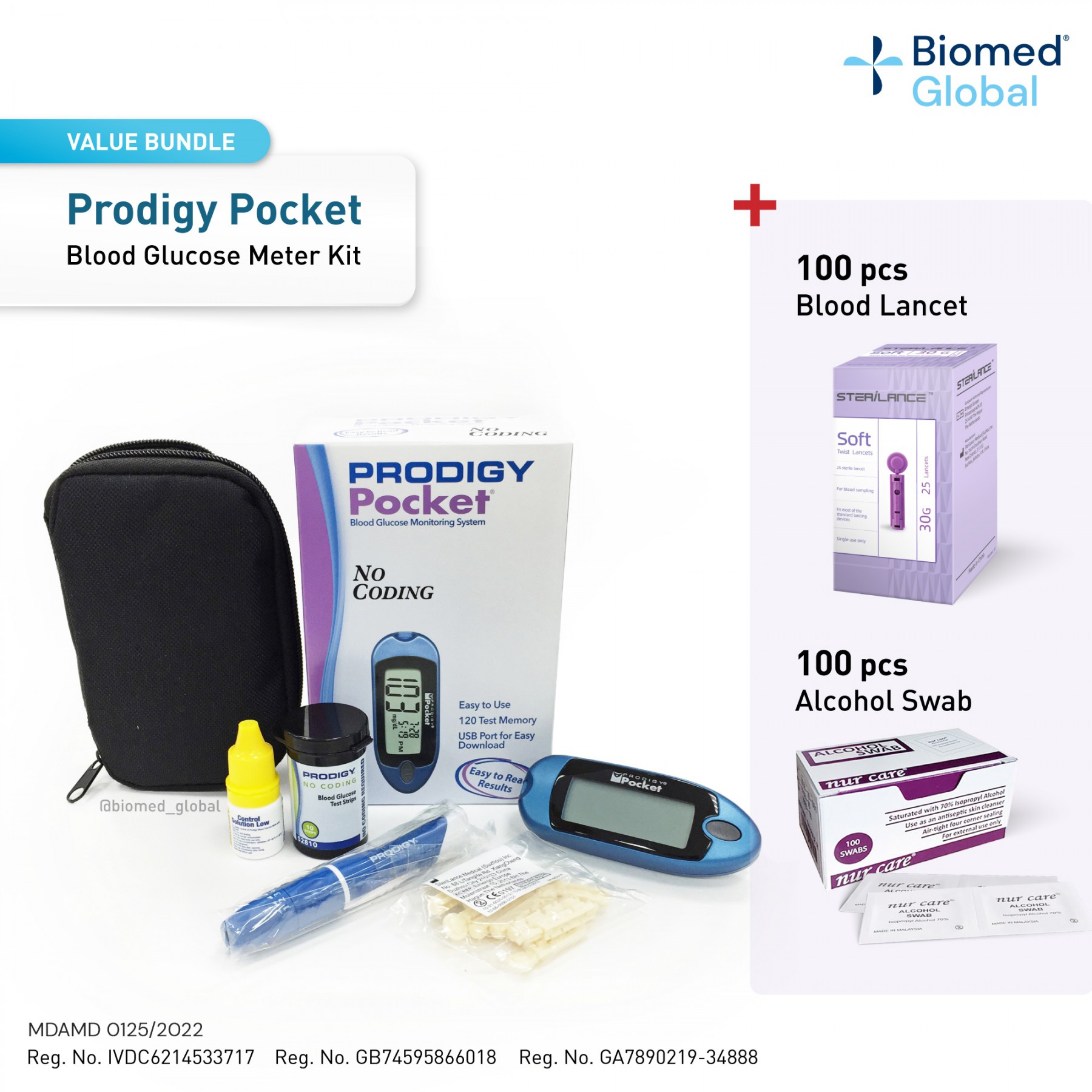 PRODIGY POCKET Blood Glucose Meter Kit, FREE with 100’s Blood Lancet & 100’s Alcohol Swab (BUNDLE PACKAGE)