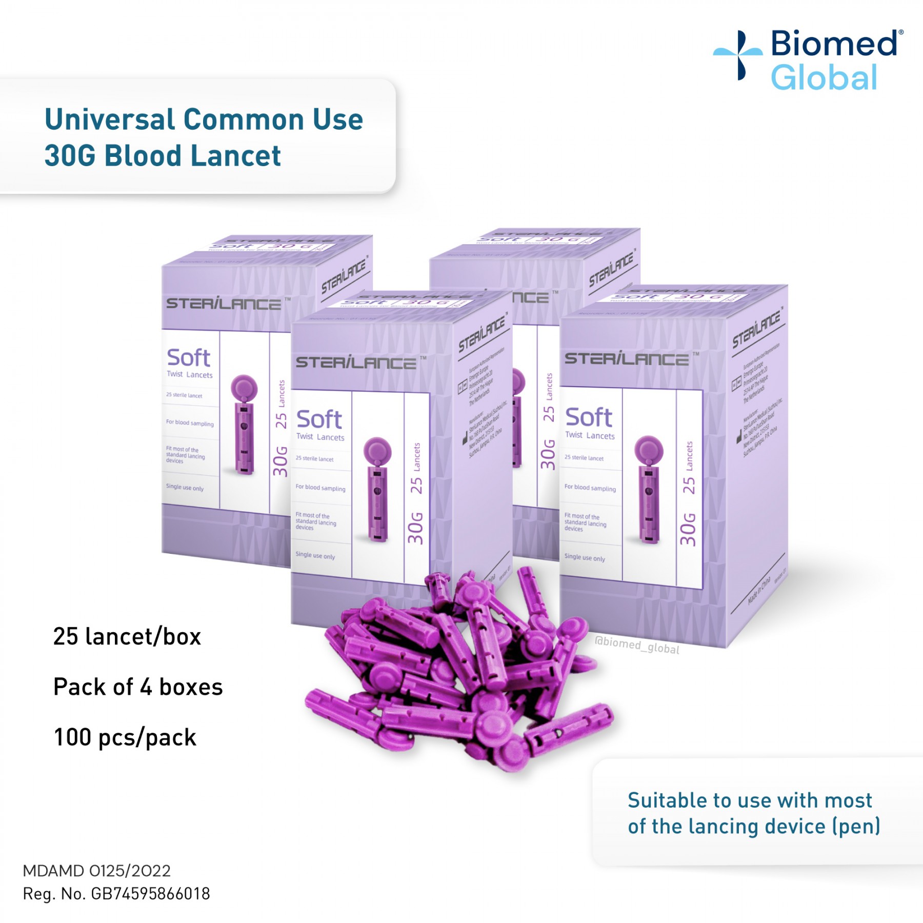 STERILANCE BLOOD LANCET, 30G, 100 PIECES, 25 PCS/BOX, PACK OF 4 BOXES
