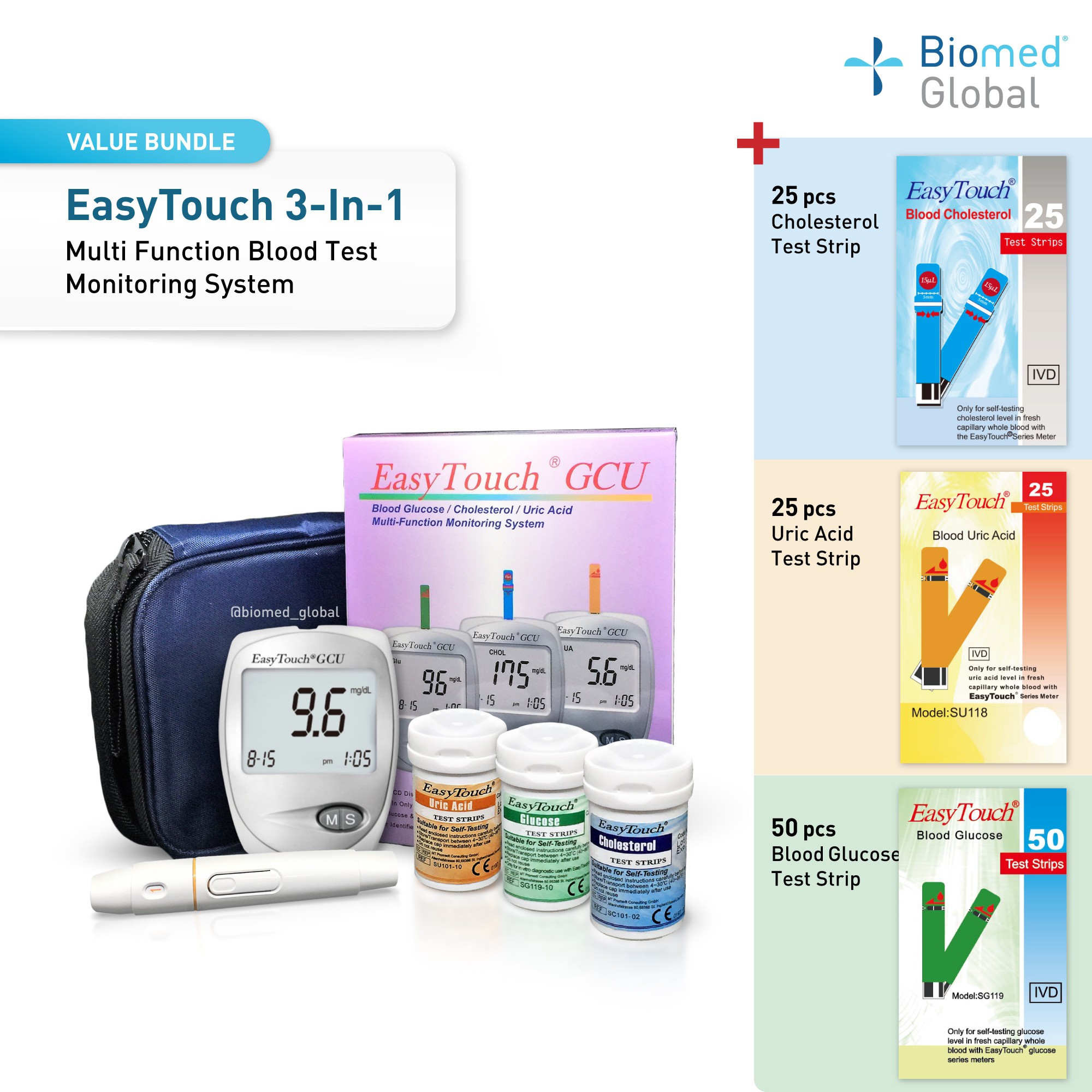 EasyTouch GCU 3-in-1 Blood Glucose, Cholesterol and Uric Acid Meter , FREE with 50 Test Strips Each for Cholesterol, glucose &Uric Acid Test (BUNDLE PACK)