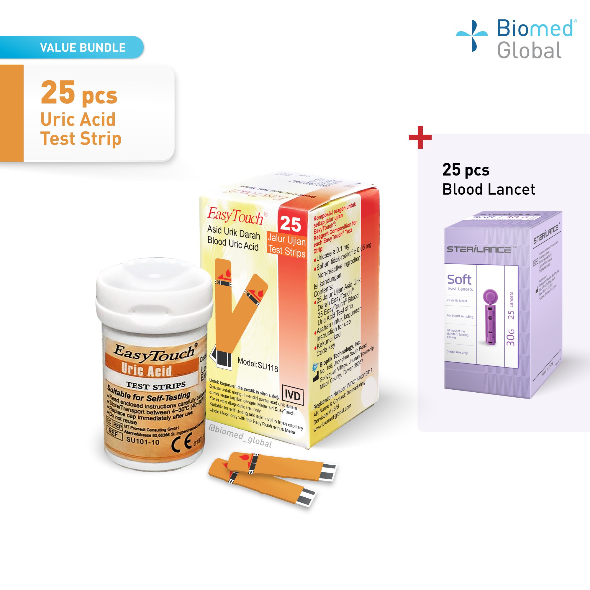 EasyTouch GCU Uric Acid Test Strip, 25 Strips/Box, FREE with 25 pieces Blood Lancet (BUNDLE PACK)
