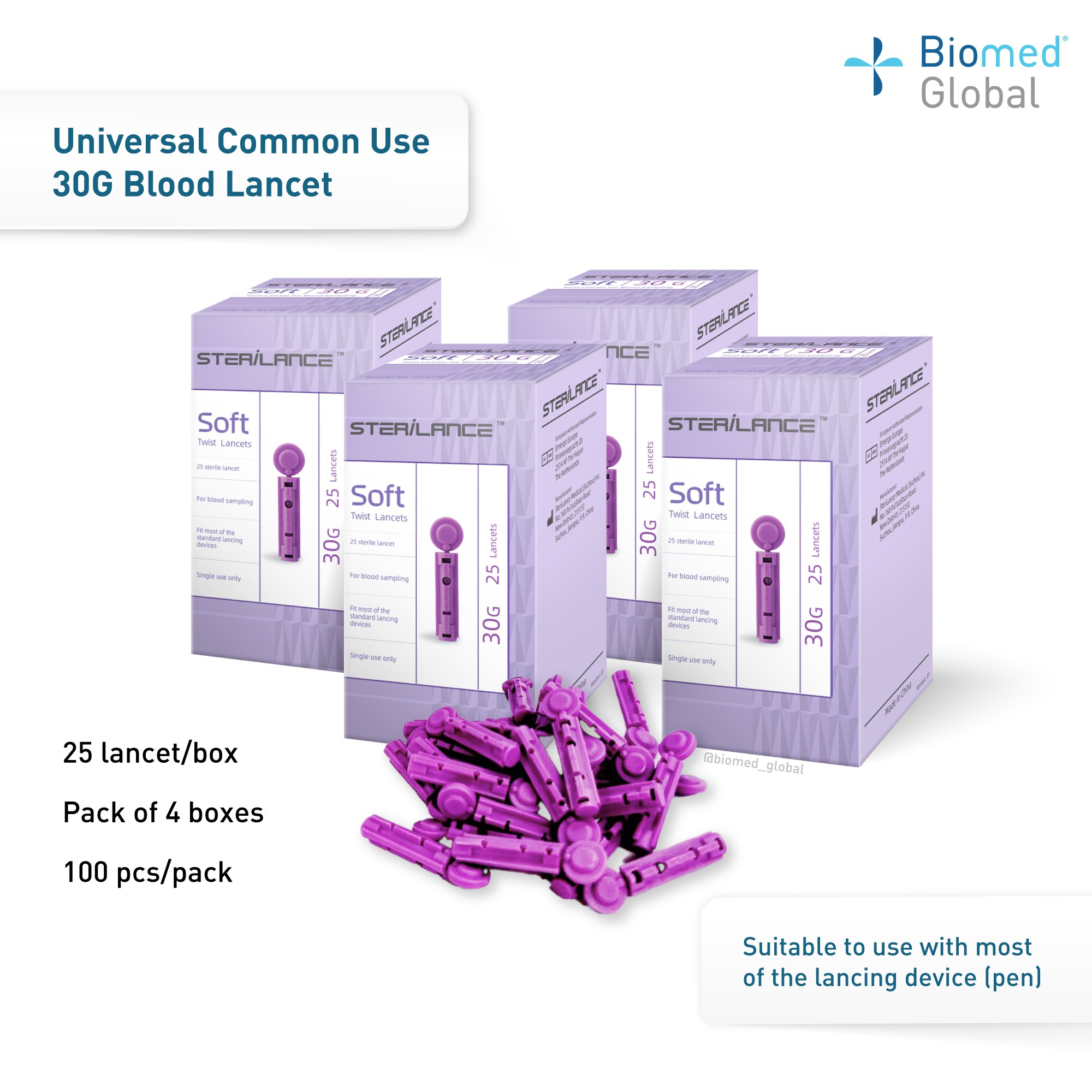 STERILANCE BLOOD LANCET, 30G, 100 PIECES, 25 PCS/BOX, PACK OF 4 BOXES