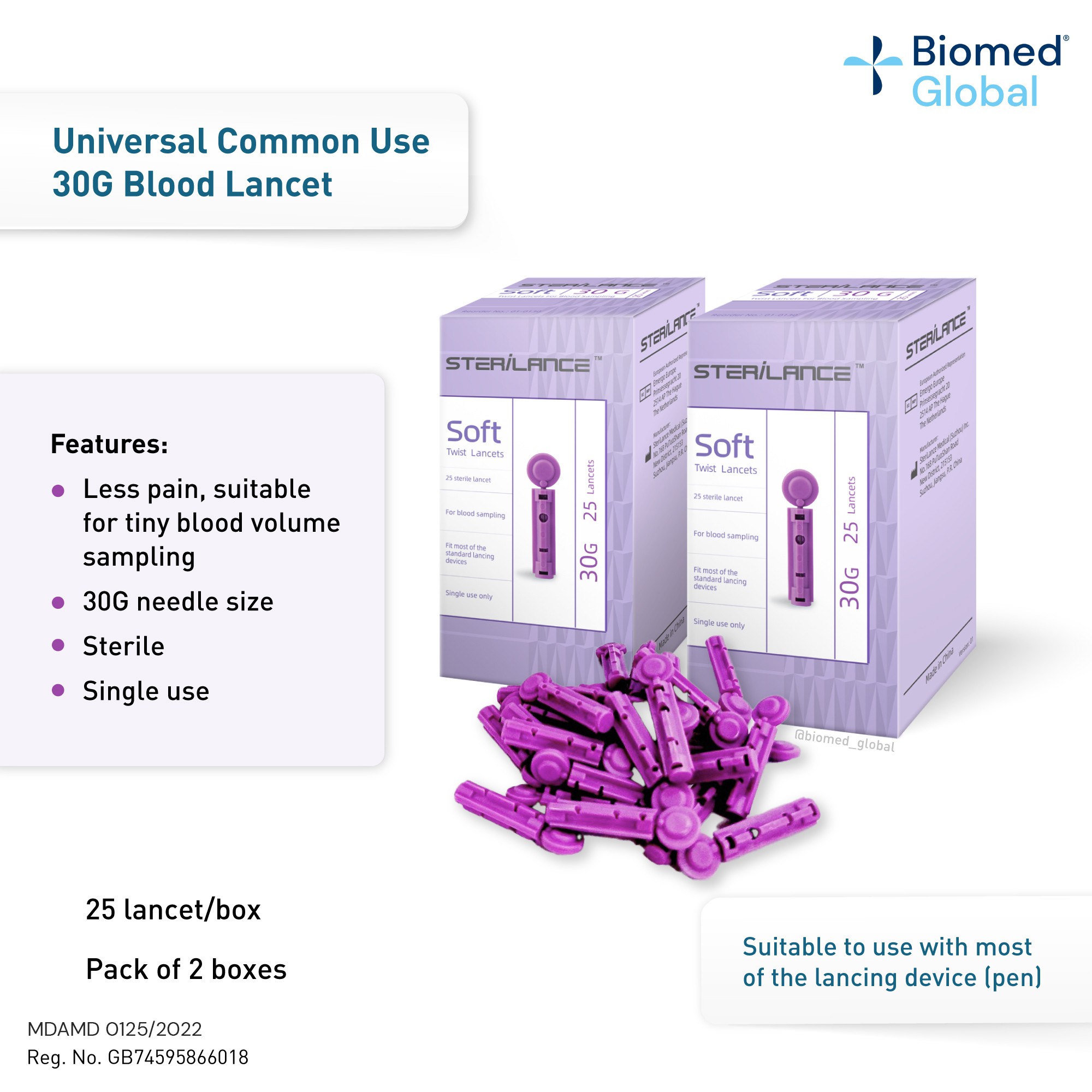 STERILANCE BLOOD LANCET, 30G, 50 PIECES, 25 PIECES/BOX, PACK OF 2 BOXES