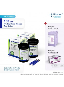 PRODIGY Blood Glucose Test Strips, 2x 50 Strips/Box - FREE 100’s Blood Lancet & Alcohol Swab (VALUE BUY PROMO PACK)