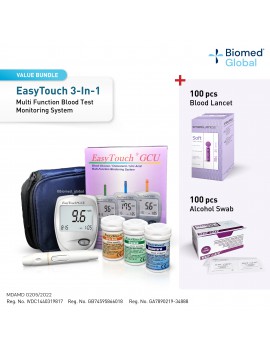 EasyTouch GCU 3-in-1 Blood Glucose, Cholesterol and Uric Acid Meter, FREE with 100's Blood Lancet & Alcohol Swab (BUNDLE PACK)